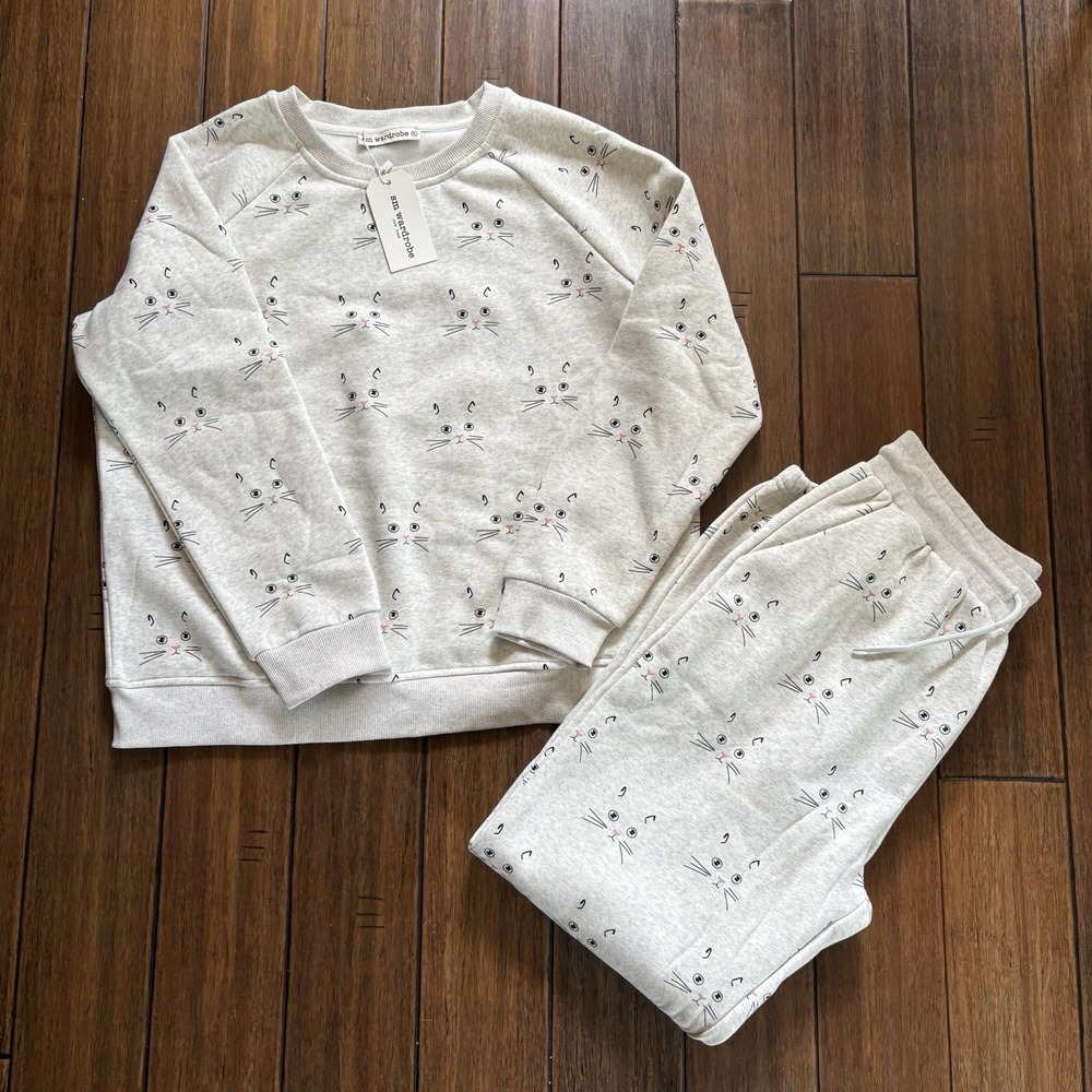 SM Wardrobe Women's XL Cat Whiskers Print Gray Lounge Set Sweatshirt Joggers New